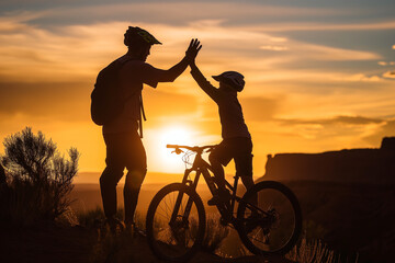 Silhouettes of two mountain bikers share a high five, celebrating a ride at sunset with the majestic backdrop of canyon silhouettes.