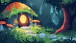 The Gnome House in Summer Forest, a cartoon illustration of a folk tale woodland with ferns, mushrooms and moss on the roof, a neon light shining out of the round wooden doors and windows, and a