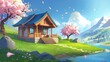 A miniature rural cottage by a mountain lake in springtime. There is a small wooden house with a porch and stairs, a green yard with a pink sakura tree, blossom petals flying in the air, and clouds