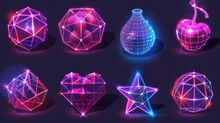 This Abstract Wireframe Shapes Set Is Isolated On A White Background. This Modern Illustration Shows 3D Grid Geometric Icons, A Globe, Heart, Cherry, Pillar, Star, Cone, Landscape Structure, Cyber