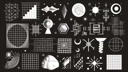 Poster - An abstract and waved shape in monochrome. Modern set of retro futuristic wireframe geometric forms and symbols.