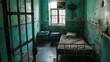 Solitary cell in a prison with shabby walls.
