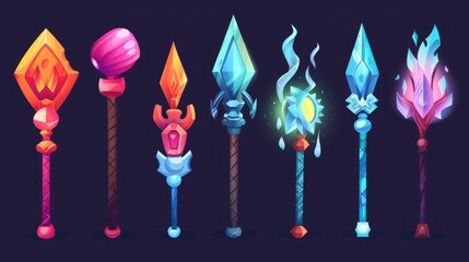 Poster - Metal fantasy scepter for game level rank user interface design. Cartoon illustration of wizard and magician fantastic weapon. RPG enchantment elements.