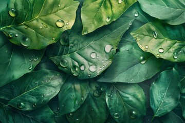 Wall Mural - Water drops on green leaf abstract background. Banner for eco. Top view. Closeup