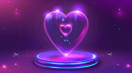 Wall Mural - Modern illustration of holographic podium with neon circle decoration on purple background with heart shape and glass morphism decor. Conceptual design of futuristic showroom with hologram platform,