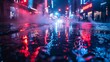 Rain drops on the asphalt road in the city at night. Abstract background bokeh effect.