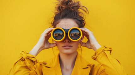 Woman with binoculars set against a vibrant yellow background explores distant sights