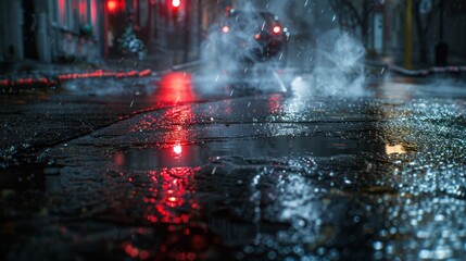 Rain drops on the asphalt road in the city at night. Abstract background bokeh effect.