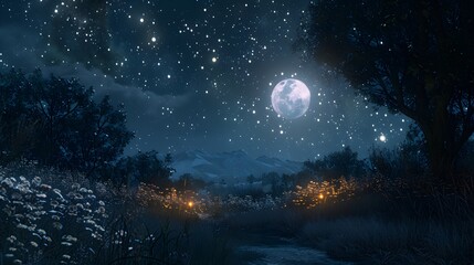Wall Mural - beauty of the night with a sky illuminated by the soft glow of a full moon and shimmering stars, portrayed in full ultra HD high resolution.