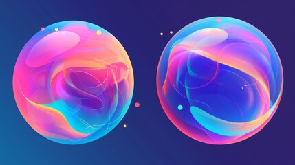 Poster - Abstract bright circular shape with gradient color and blur effect. Realistic modern illustration set of translucent holographic soft fluid mesh. Round vibrant blob and spot with grain texture.