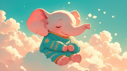 Poster - A cute baby elephant is rocking a cozy sweater while chilling on a fluffy cloud