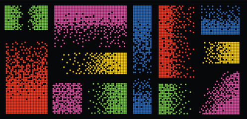 Pixel disintegration color backgrounds. Decay effect. Dispersed dotted pattern. Concept of disintegration, pixel mosaic textures with simple square particles.