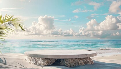 Marble podium for product display and presentation. Summer beach mockup with white sand, palm trees and ocean background - Generative AI