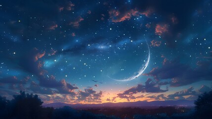 Wall Mural - night with a peaceful sky adorned with a crescent moon and scattered stars, portrayed in full ultra HD high resolution.
