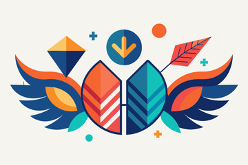 Poster - Abstract geometric logo with symmetrical shapes in teal, orange, and yellow, featuring a central hexagon with a stylized tree emblem