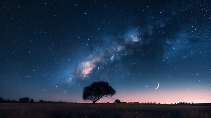 Wall Mural - tranquility of the night with a sky adorned with a myriad of stars and a bright crescent moon, captured in full ultra HD high resolution.