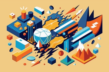 Aufkleber - Colorful isometric illustration with various geometric shapes, including cubes, pyramids, and cylinders, on a yellow background. Some shapes have faces and patterns