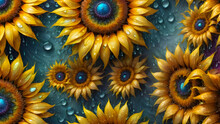 Colorful Sunflower Flower Dripping With Water On An Abstract Background. Bright Flowers. Oil Illustration