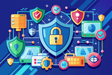 Fototapete - Cybersecurity concept with digital locks and shields