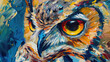 Abstract painting of long eared owl in watercolor or acrylic style, close up, brush strokes, orange eyes.
