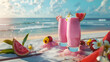 The background is sandy by the sea, a table with beautiful smoothies, a summery feel, 8K


