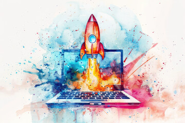 Wall Mural - rocket coming out of a computer, watercolor style
