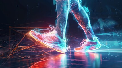 Wall Mural - 3d Illustration runner legs with shoes with fast hologram graphic effect. AI generated image