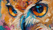 Abstract painting of long eared owl in watercolor or acrylic style, close up, brush strokes, orange eyes.