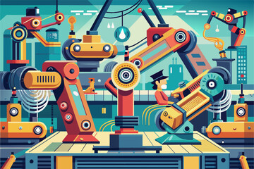 Poster - Robotic arms assembling intricate machinery with precision