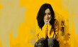 © EliteStockPhotos - Digital illustration of a pensive woman against a vibrant yellow background, evoking emotions of sadness and contemplation.
