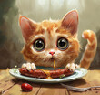 Cute hungry cat eating sausage design illustration