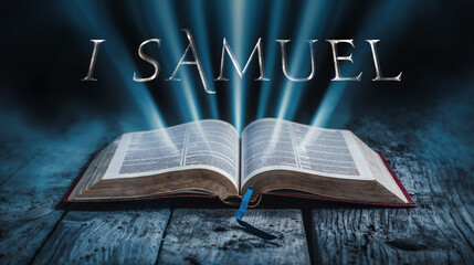 Wall Mural - The book of 1 Samuel. Open bible with blue glowing rays of light. On a wood surface and dark background. Related to this book: Prophet, Kingship, Samuel, Saul, David, Israel, Philistines, Anointing