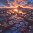 Spectacular sunrise over a volcanic landscape with lava bubbling and flowing across the surface, creating a surreal and stunning visual experience.
