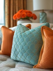 Wall Mural - Decorative Teal and Orange Pillows on a Couch