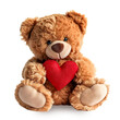Cute teddy bear holding a red heart, isolated. PNG with transparency. AI generated