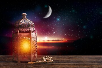 Sticker - Colorful beautiful Ramadan lantern at Crescent moon background