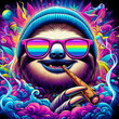 Digital art of a psychedelic cool sloth animal with sunglasses smoking a blunt