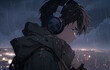 © Маргарита Вайс - sad lonely anime boy in large headphones in the rain against the backdrop of the night city, profile view