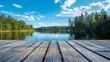 Beautiful view of private wooden flooring on lake on sunny summer day
