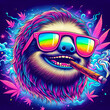 Digital art of a psychedelic cool sloth animal with sunglasses smoking a blunt
