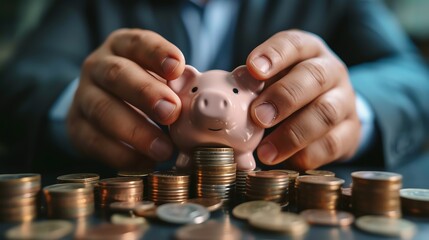 A businessman in a suit and tie is holding a pink piggy bank with two hands. The piggy bank is sitting on a large pile of coins.