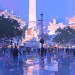 Experience the bustling charm of London's Trafalgar Square in this vivid, impressionistic stock image.