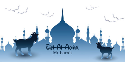 Wall Mural - eid al adha wishing background vector file with goat and mosque design and lamps 