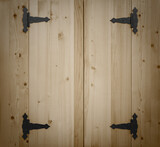 Fototapeta Młodzieżowe - Closed wooden shutters on black wrought iron hinges