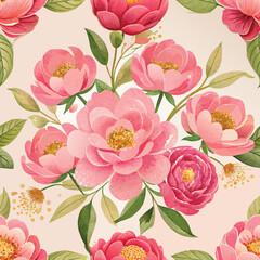 Canvas Print - A watercolor seamless pattern of a bouquet of pink flowers with a gold leaf. The flowers are arranged in a vase and the leaves are green.