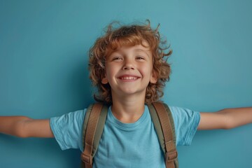 Portrait of a little boy with a backpack on a blue background