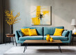 Teal sofa with vibrant yellow pillows against grey stucco or concrete wall with art poster. Mid century interior design of modern living room, home.