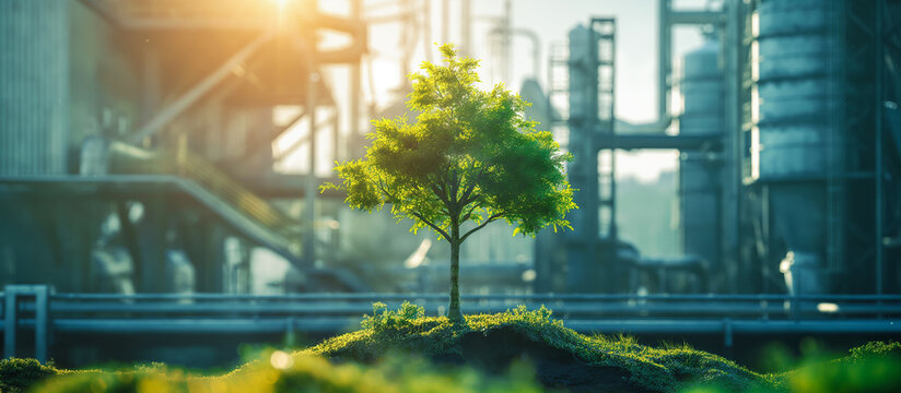 tiny lush tree with blurred industrial factory describe sustainable green concept