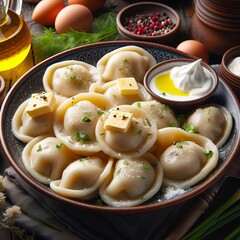 Russian Siberian dumplings, with a piece of butter, herbs and sour cream