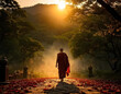 Golden Solitude: A Monk's Journey for Dharma at Sunset